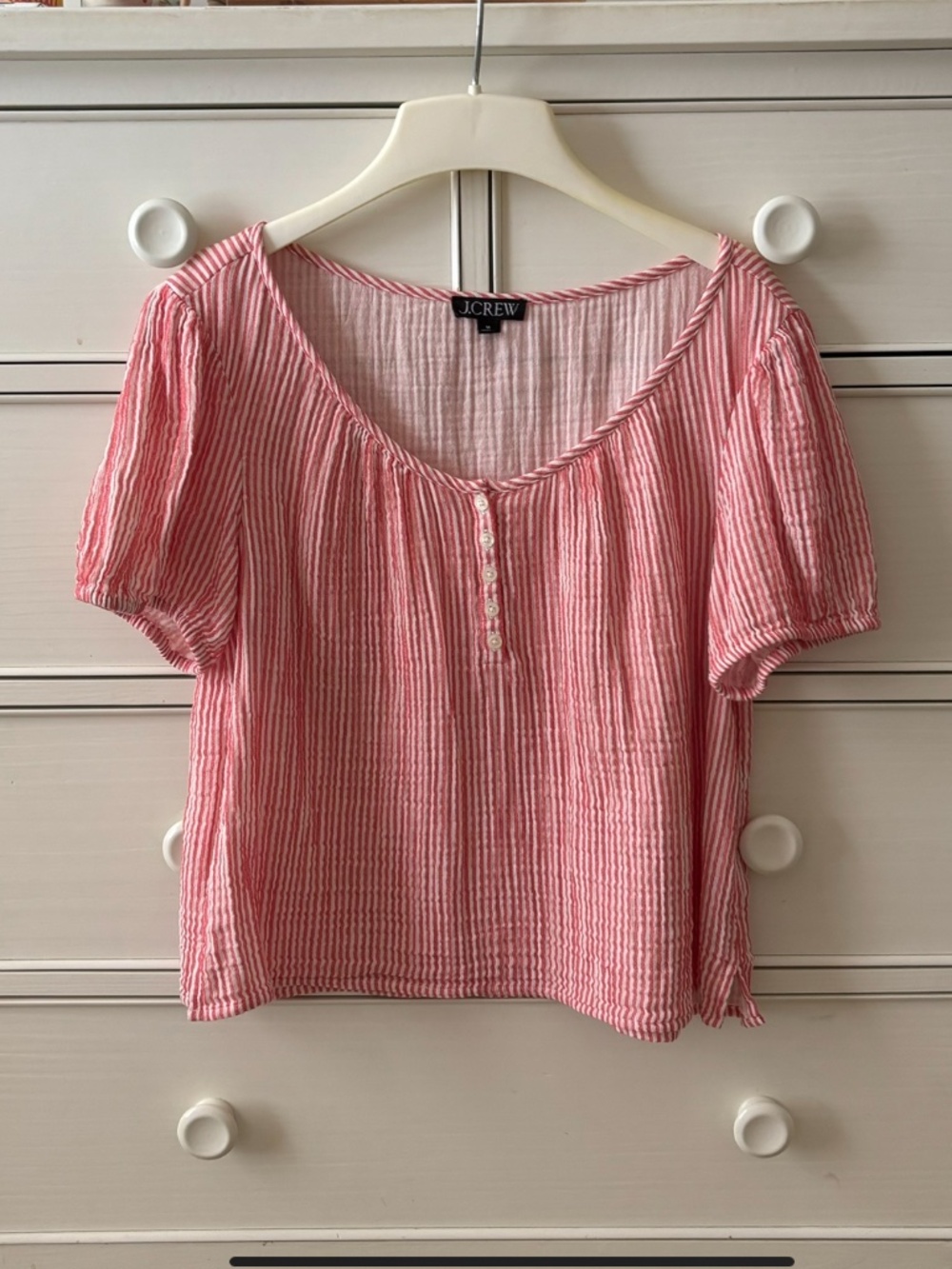 J. Crew Puff-sleeve henley top in gauze, M, electric red